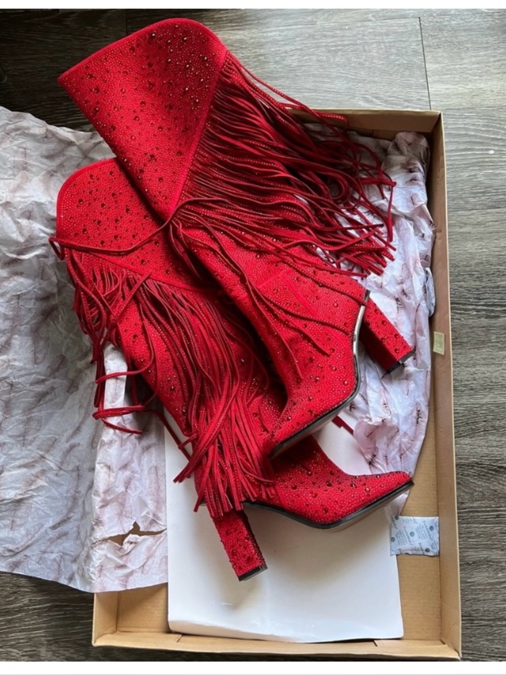 Jessica Simpson Red Fringe Mid-Calf Heeled Boots - Women